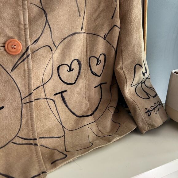 Danier Tan Leather Jacket with Floral Design Hand Drawn Small - Picture 3 of 16